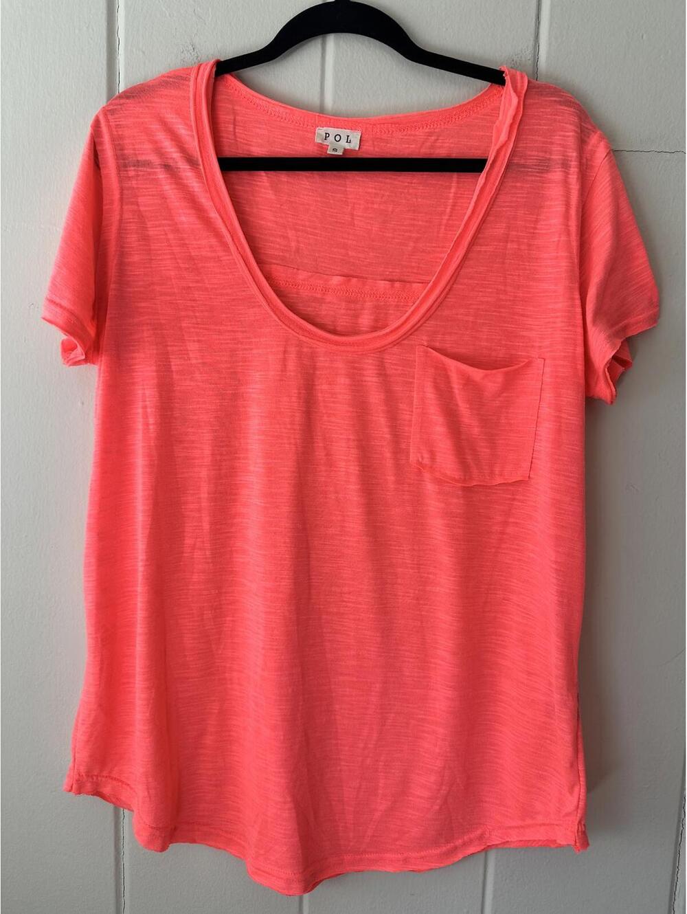 Pol Neon Coral Orange Sheer Pocket Oversized Scoop Neck Tee Size Small